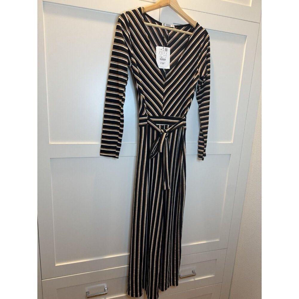 NWT Pull & Bear Black Striped Wide Leg Knit Jumpsuit Sz S Boho Festival - Picture 5 of 8